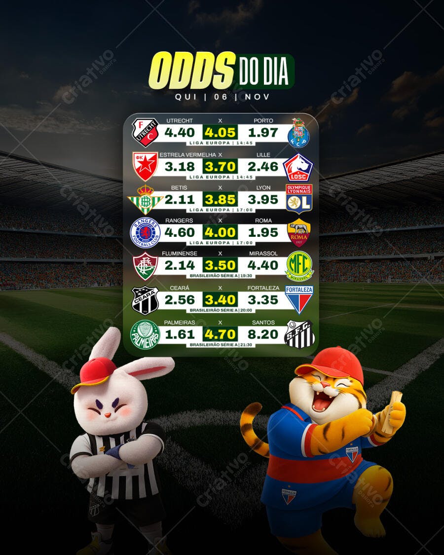 Flyer de Futebol Odds do Dia com Mascotes Tigre e Coelho PSD Editável