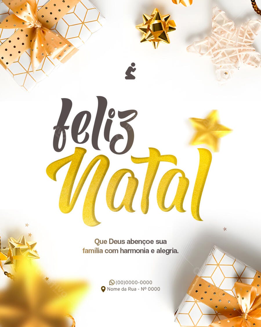 Post para Redes Sociais Feliz Natal com Presentes e Estrelas Douradas PSD Editável