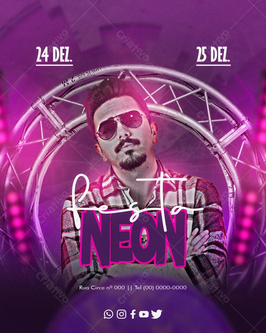 Flyer Festa Neon com DJ e Luzes Roxas PSD Editável