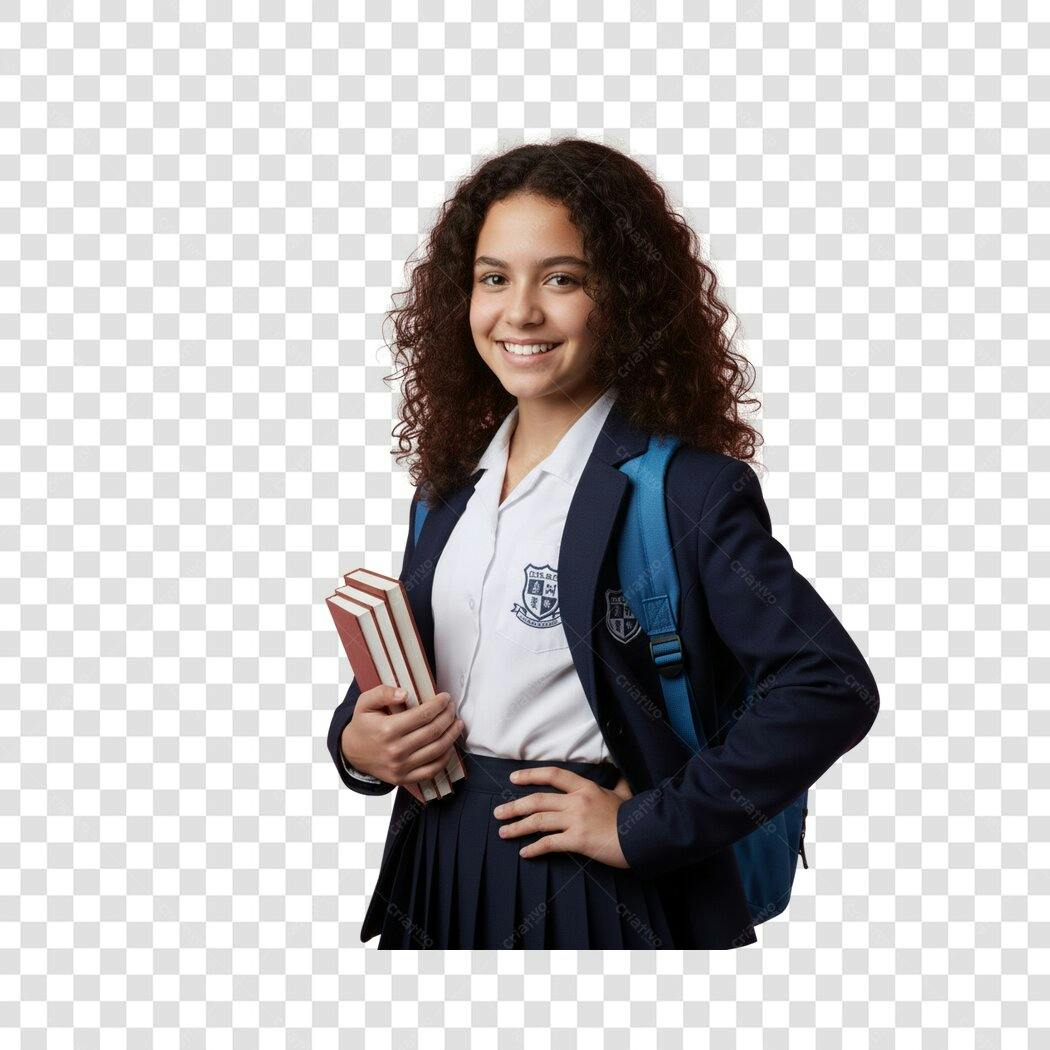 Garota estudante feliz cabelo cacheado uniforme azul livros PNG com fundo transparente