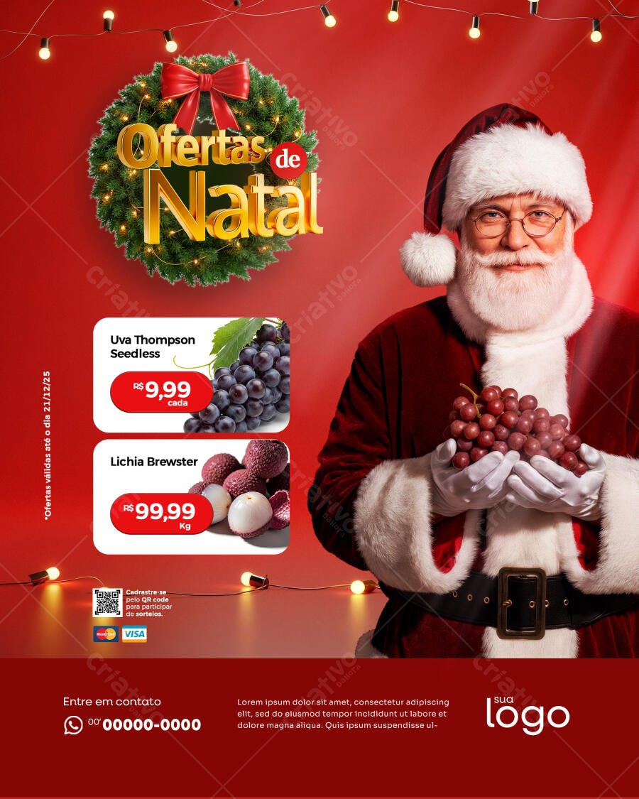 Flyer Ofertas de Natal Papai Noel e Frutas PSD Editável