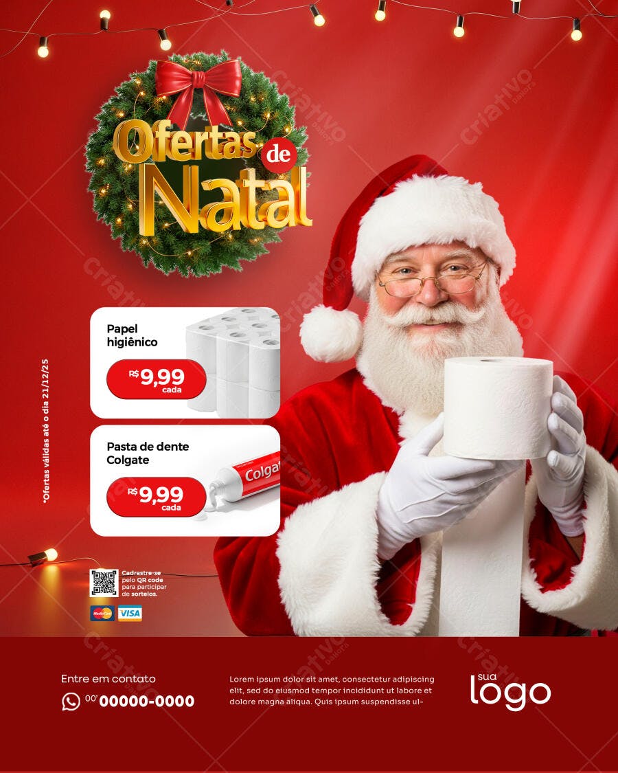 Flyer Ofertas de Natal Papai Noel Papel Higiênico e Pasta de Dente PSD Editável