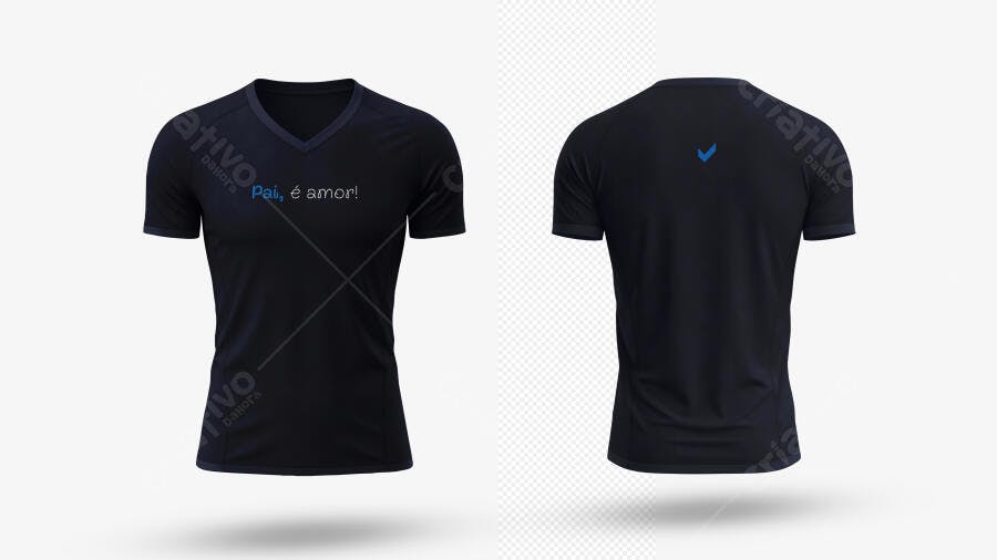 Mockup Realista de Camiseta Masculina Gola V Azul Marinho Frente e Costas
