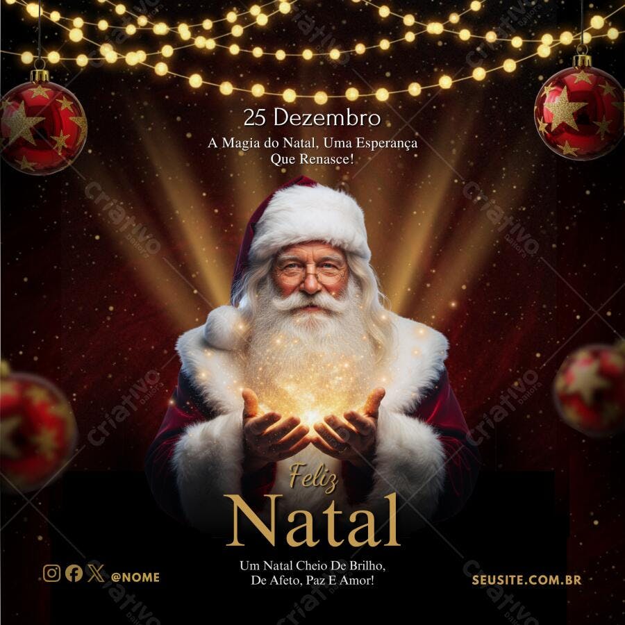 Post Instagram Natal mágico Papai Noel com luzes e adornos dourados Editável no Canva