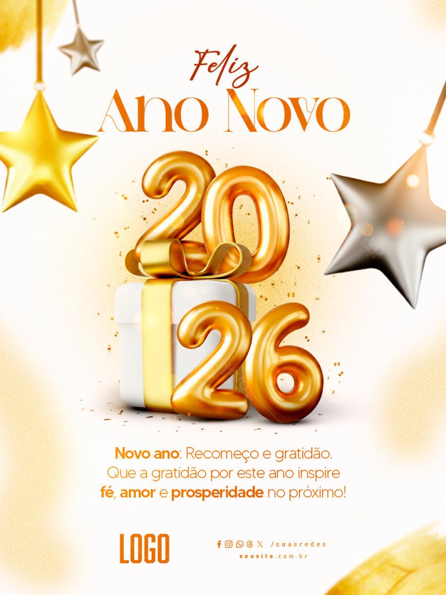 Post Redes Sociais Feliz Ano Novo 2026 PSD Editável