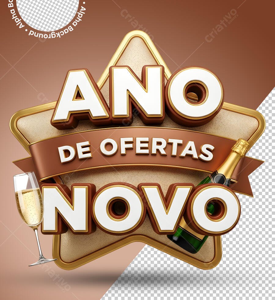 Banner promocional Ano Novo de Ofertas Champagne Dourado Estrela PNG com fundo transparente