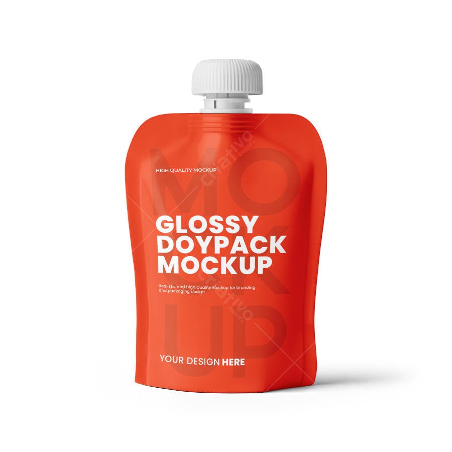 Mockup Doypack Sachê Brilhante Laranja com Tampa Branca para Embalagem de Alimentos