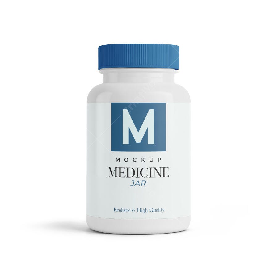 Mockup Frasco de Remédio Branco com Tampa Azul Embalagem Farmacêutica Realista
