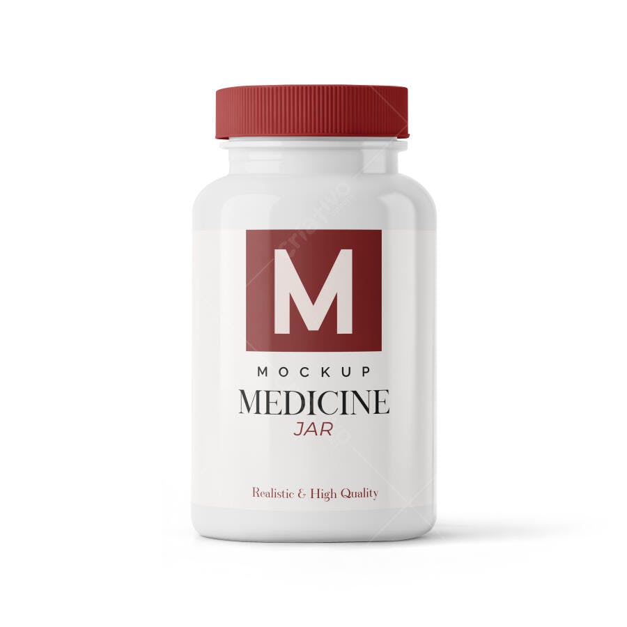 Mockup Realista de Frasco de Medicamento Branco com Tampa Vermelha