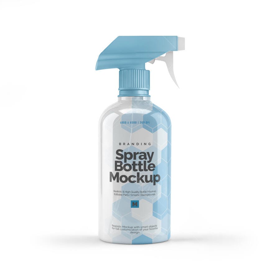 Mockup Realista Frasco Pulverizador Transparente com Gatilho Azul Claro