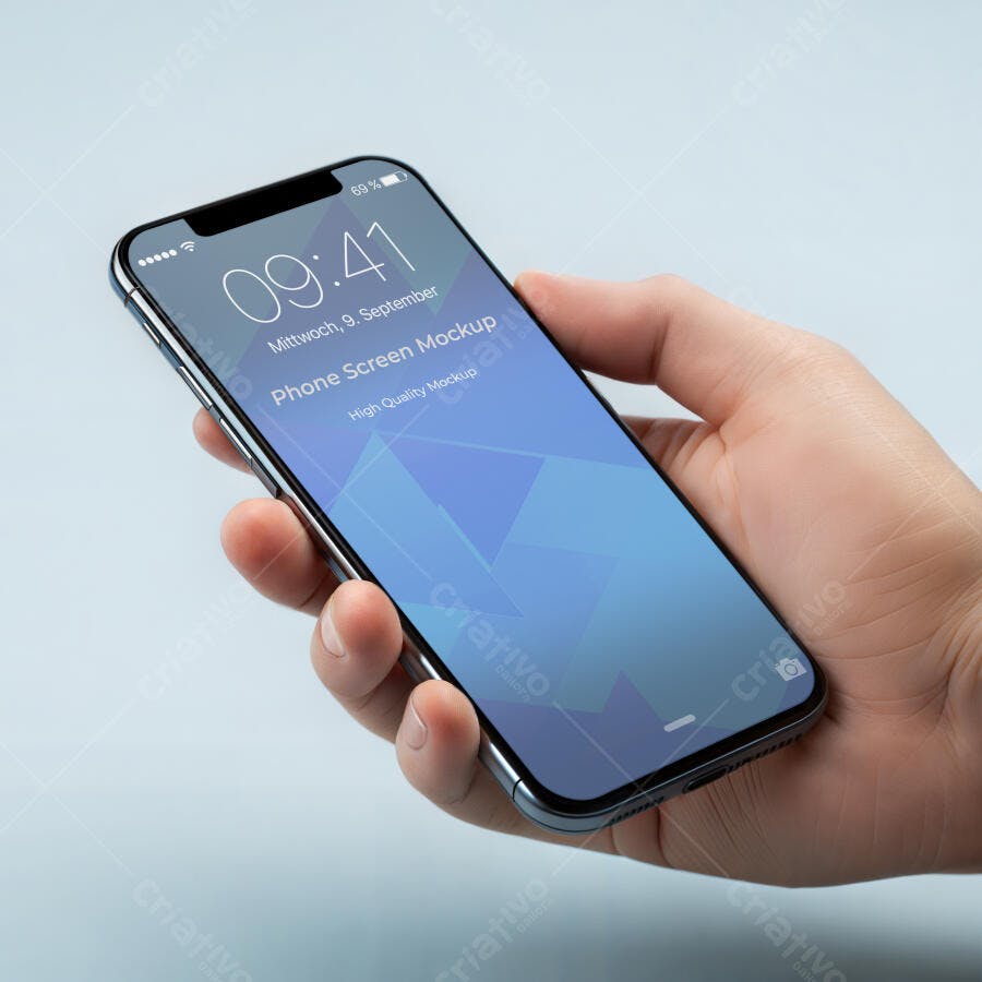 Mockup Realista de Smartphone Moderno em Mão Masculina com Tela Azul