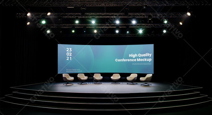 Mockup de Palco Moderno para Conferência com Telão Curvo e Cadeiras Elegantes
