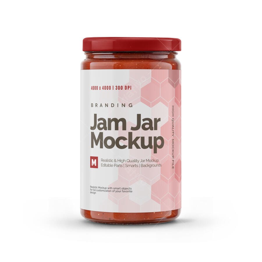 Mockup Pote de Geleia Realista com Tampa Vermelha e Rótulo Editável para Branding