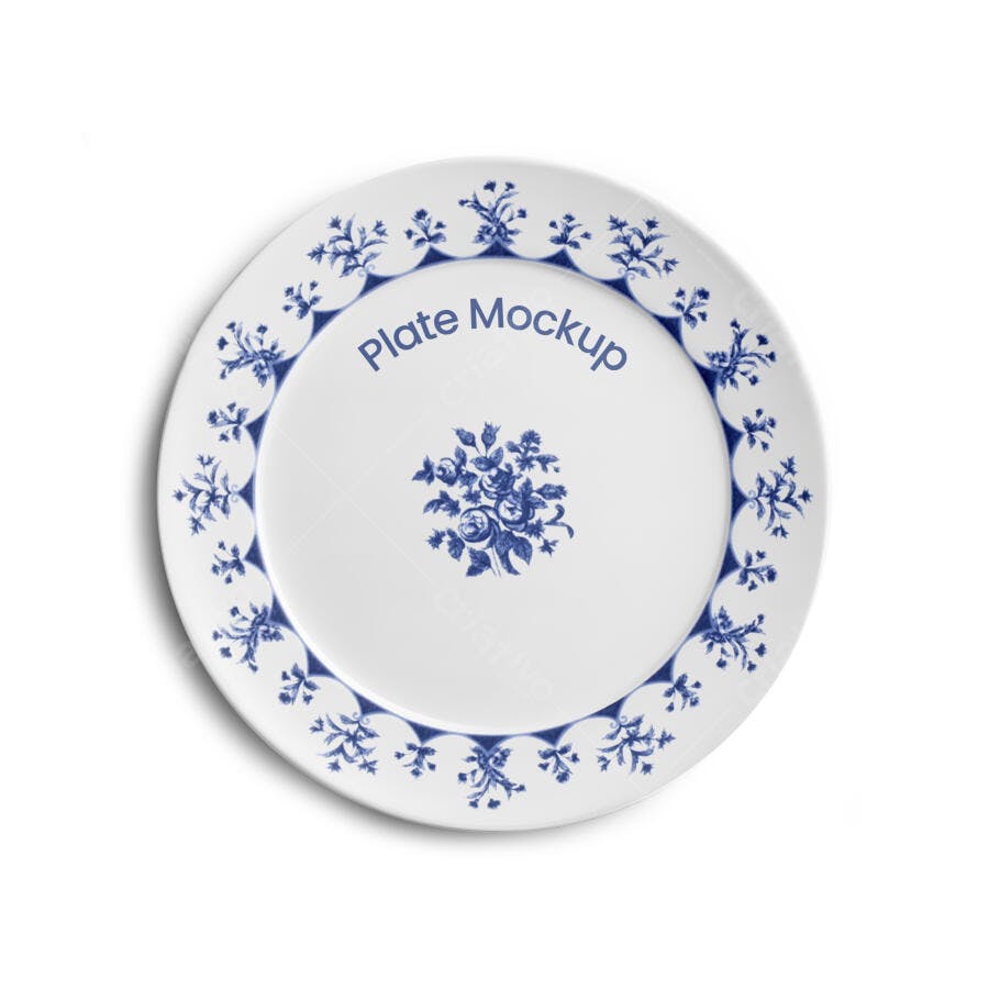 Mockup Prato Cerâmica Branco Azul Floral Vintage Vista Superior