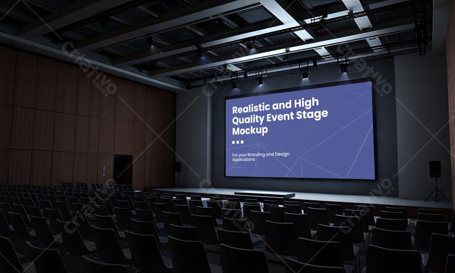 Mockup Auditório Moderno com Tela de Projeção Grande e Palco Iluminado para Eventos