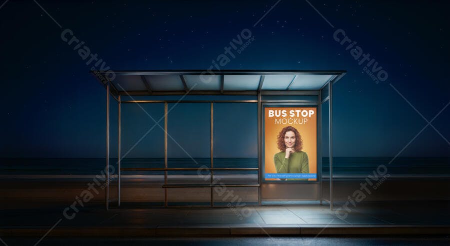Mockup Moderno de Outdoor em Ponto de Ônibus Noturno na Praia com Mulher Ruiva