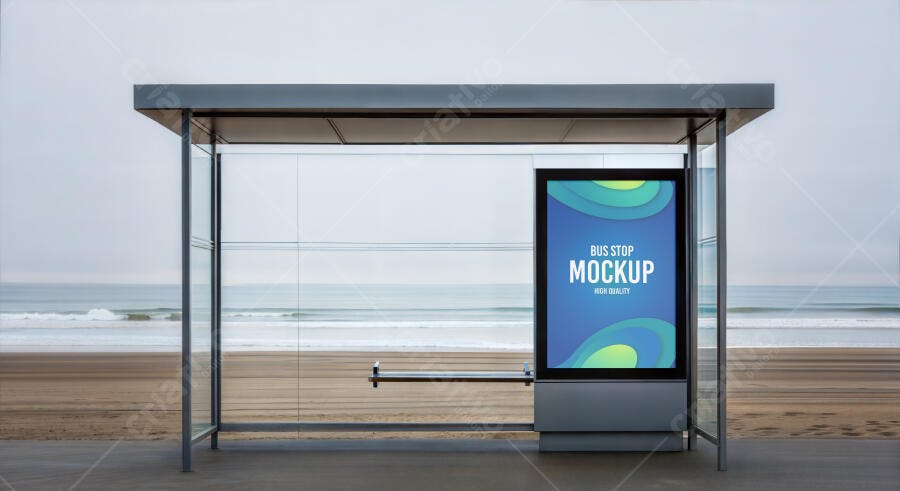 Mockup Realista Painel Digital Ponto de Ônibus Moderno na Praia Cinza Azul
