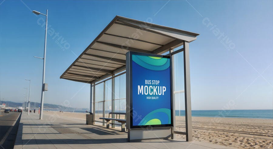 Mockup Realista de Outdoor Digital em Ponto de Ônibus na Praia com Céu Azul Claro
