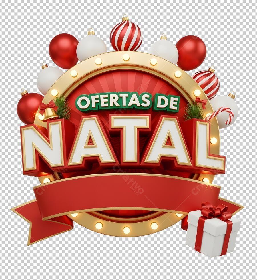 Emblema Ofertas de Natal 3D festivo com presentes e enfeites PNG com fundo transparente