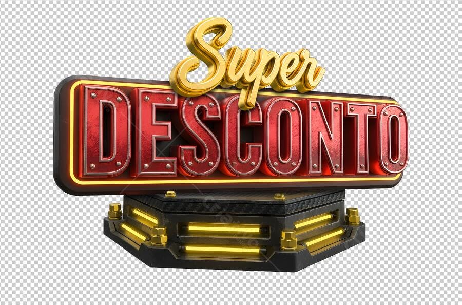 Selo Promocional Super Desconto 3D vermelho dourado metálico PNG com fundo transparente