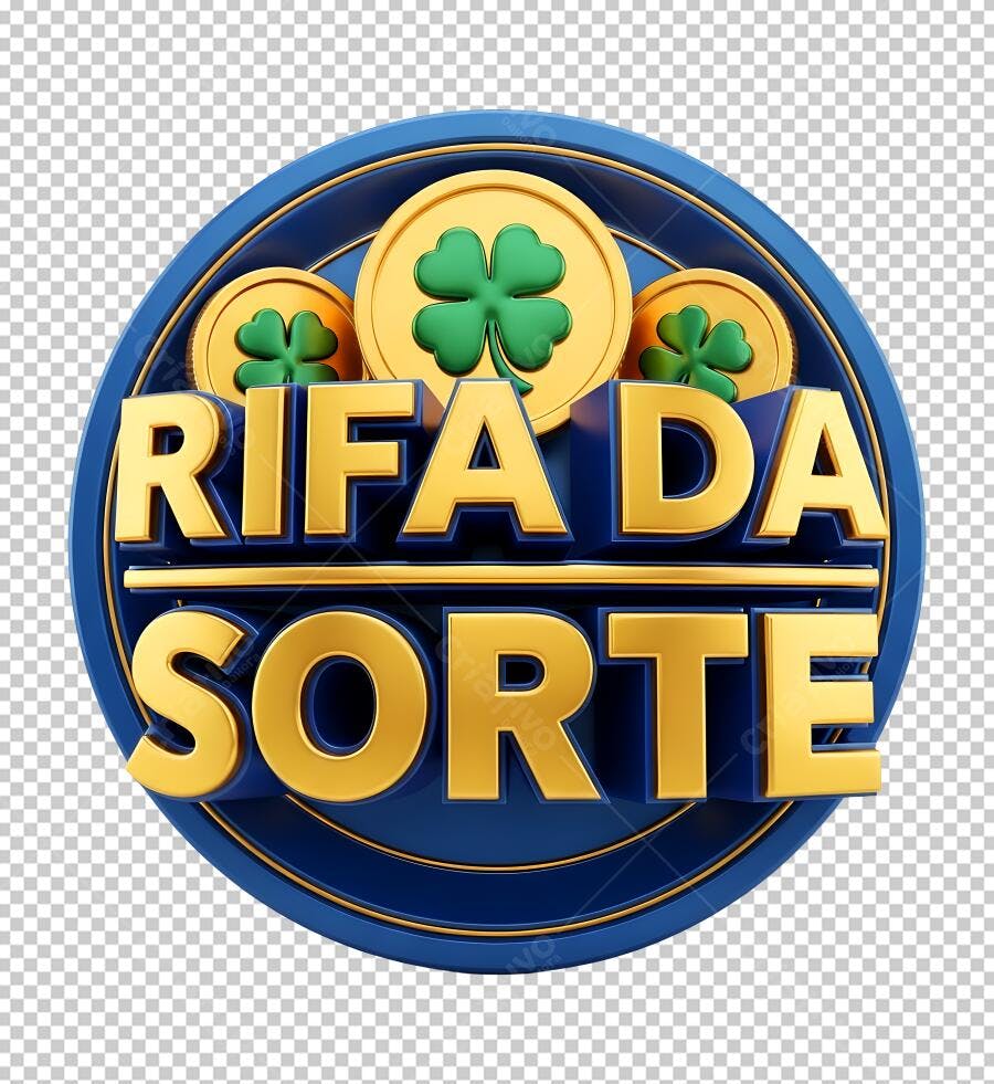 Emblema 3D Rifa da Sorte Azul Dourado Trevo Moedas PNG com fundo transparente
