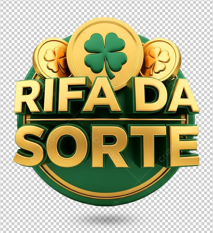 Selo Rifa da Sorte 3D Verde e Dourado Trevo da Sorte PNG com fundo transparente