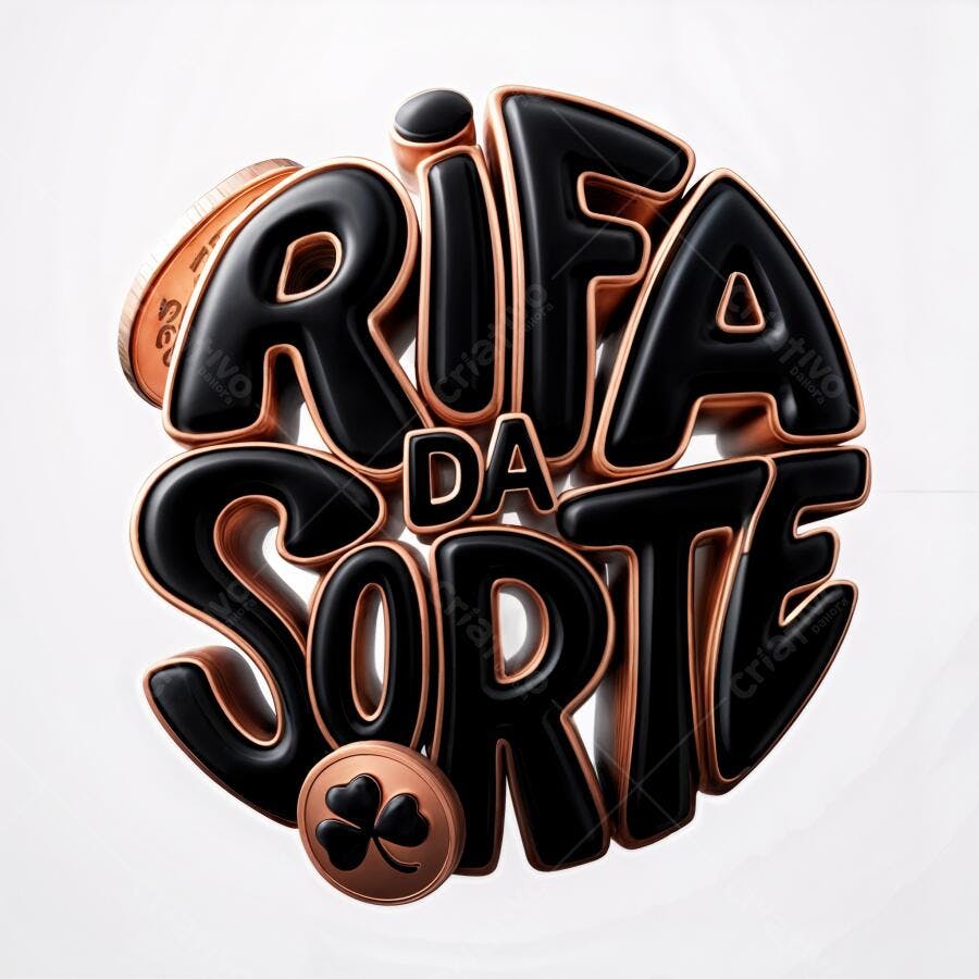 Título 3D Rifa da Sorte preto e cobre com trevo PNG com fundo transparente