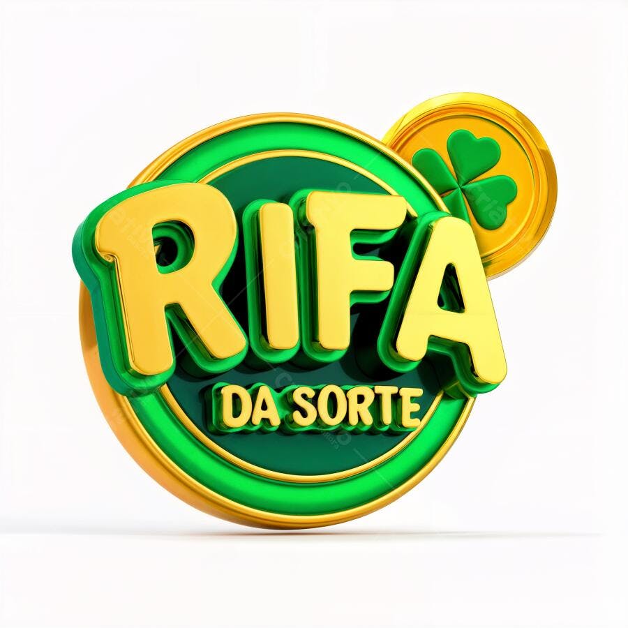 Selo 3D Rifa da Sorte Trevo Moeda Dourada Verde PNG com fundo transparente