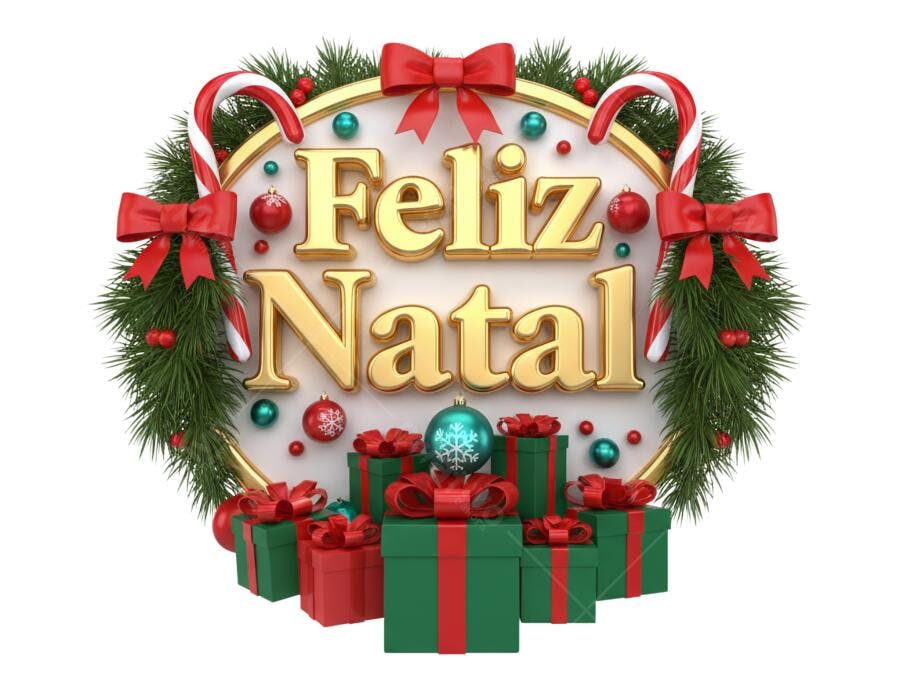 Saudação Natalina Feliz Natal com Presentes e Enfeites PNG com fundo transparente