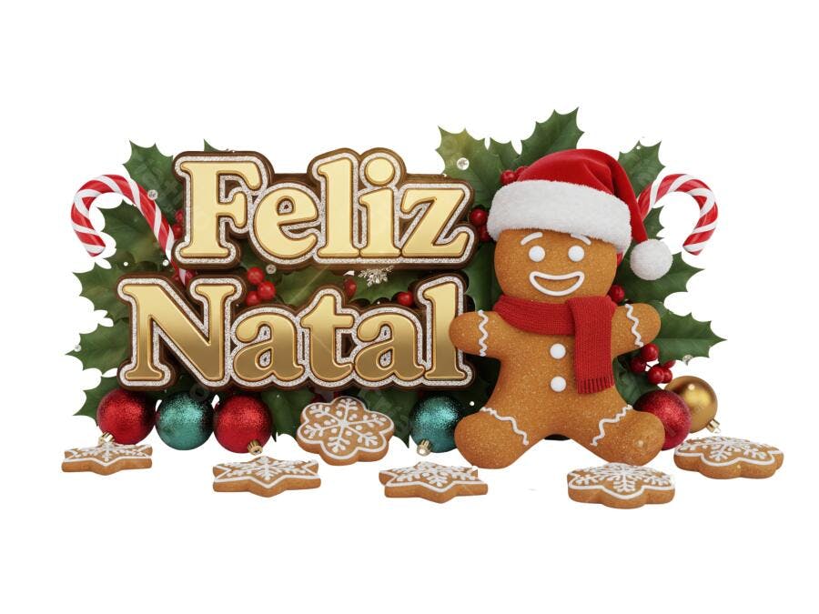 Elemento Gráfico Feliz Natal homem biscoito doces e folhas PNG com fundo transparente