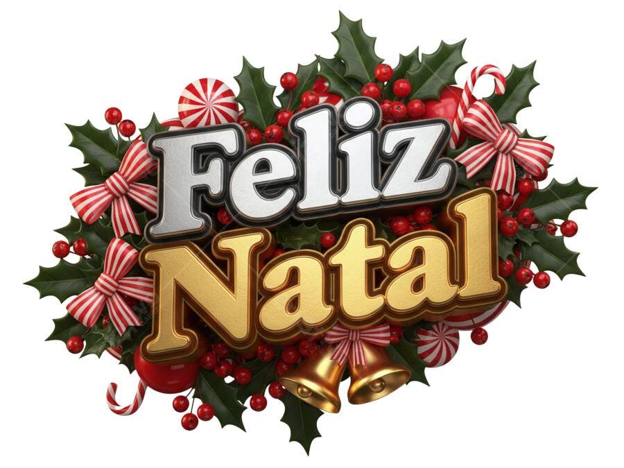 Título Festivo 3D Feliz Natal com Azevinho e Sinos PNG com fundo transparente