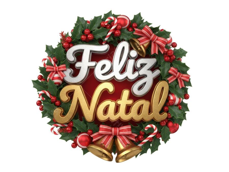 Mensagem 3D Feliz Natal Dourado Prateado Azevinho Sinos PNG com fundo transparente