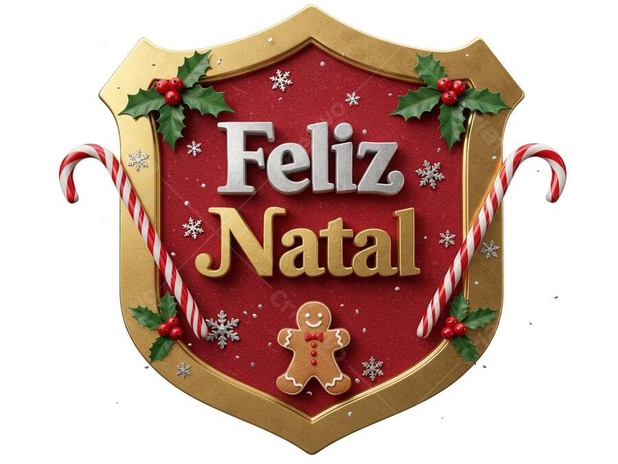 Selo Natalino Feliz Natal 3D boneco gengibre dourado vermelho PNG com fundo transparente