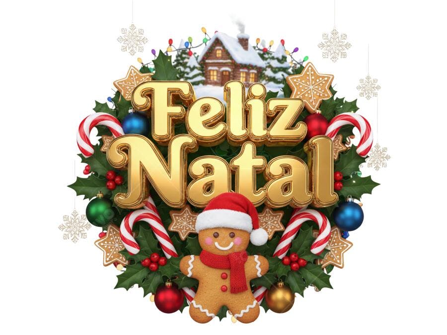 Post Instagram Feliz Natal Dourado Homem Biscoito 3D PNG com fundo transparente