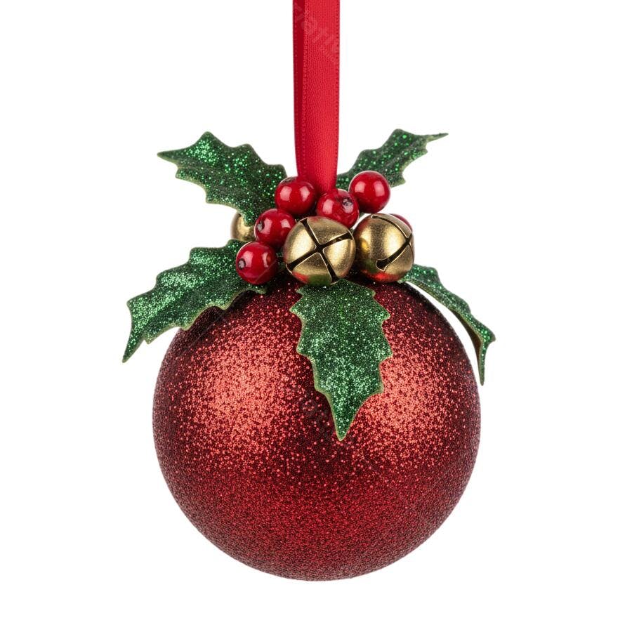 Enfeite de Natal Bola Vermelha Glitter Azevinho Sinos Dourados PNG fundo transparente