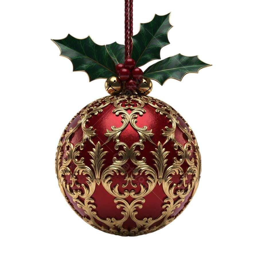 Elemento de Natal Bola Vermelha Dourada e Azevinho PNG com fundo transparente