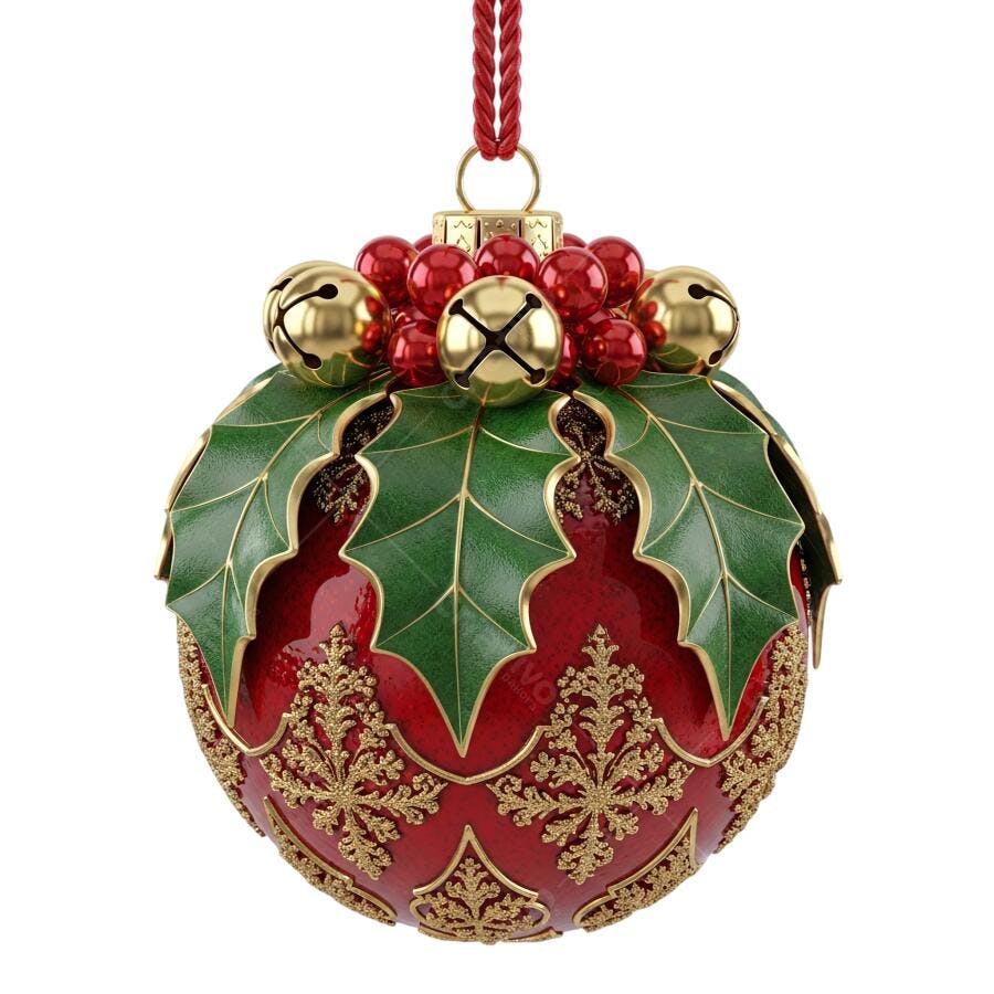 Ornamento Natalino Vermelho Verde Dourado com Sinos e Azevinho PNG com fundo transparente