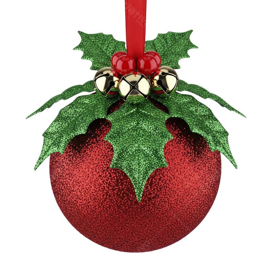Enfeite de Natal bola vermelha glitter azevinho sinos dourados PNG com fundo transparente