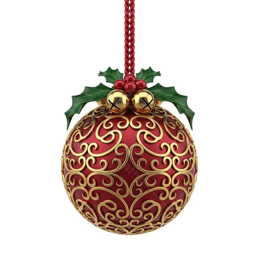 Enfeite de Natal Bola Vermelha Dourada com Azevinho e Sinos PNG com fundo transparente