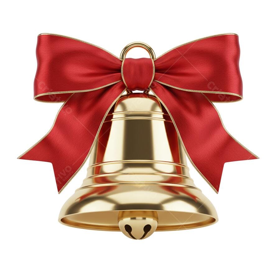 Sino de Natal Dourado Laço Vermelho PNG com fundo transparente