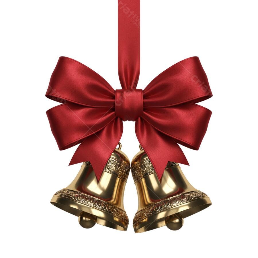 Decoração Natal Sinos Dourados Laço Vermelho PNG com fundo transparente