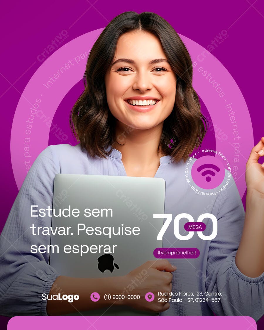 Post Redes Sociais Internet Fibra para Estudos com Mulher e Notebook PSD Editável