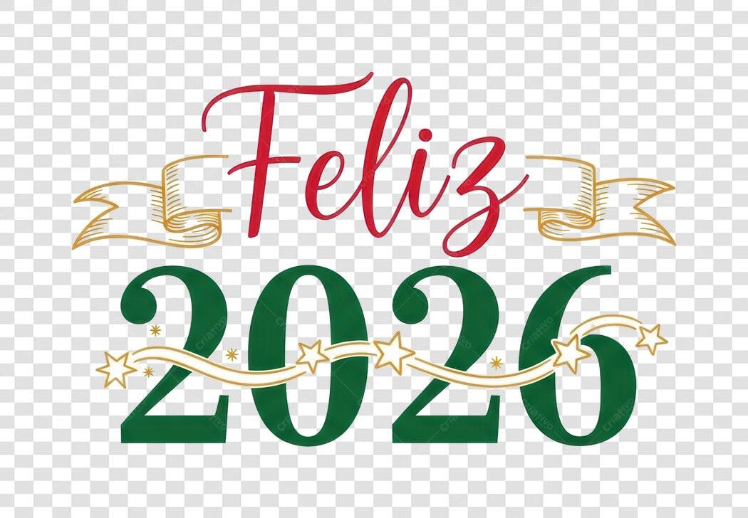 Arte para Ano Novo Feliz 2026 com estrelas e fitas PNG com fundo transparente