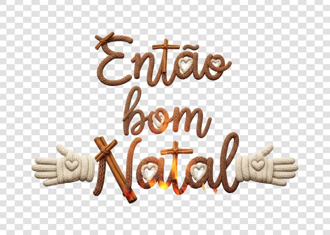 Frase decorativa Então bom Natal com luvas corações e canela PNG com fundo transparente