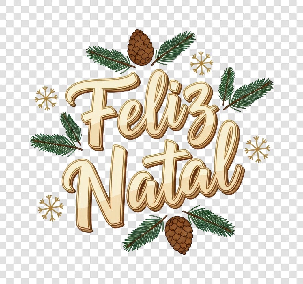 Post Instagram Feliz Natal Dourado com Ramos Pinhas PNG fundo transparente