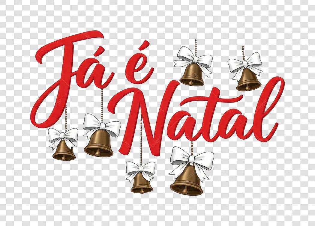 Frase Natalina Vermelha Sinos Dourados Laços Brancos PNG com fundo transparente