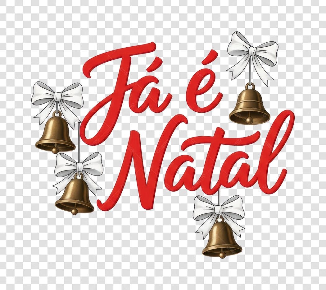 Frase Natalina Já é Natal com Sinos Dourados Laços Brancos PNG com fundo transparente