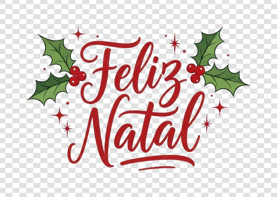 Lettering Feliz Natal com Azevinho Vermelho e Verde PNG com fundo transparente