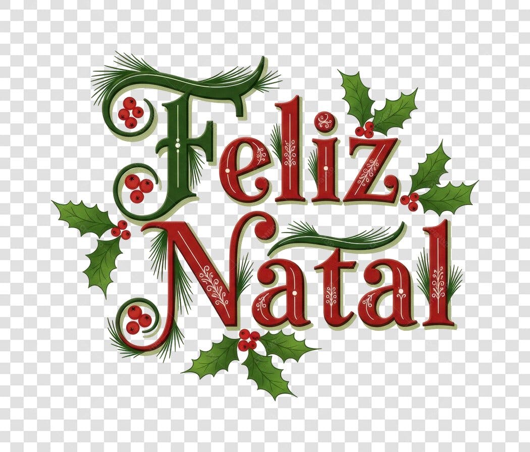 Texto Ilustrado Feliz Natal com Azevinho e Pinhas PNG com fundo transparente