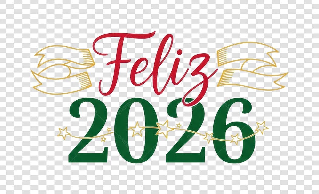 Título Decorativo Feliz 2026 Vermelho Verde Dourado Fitas Estrelas PNG com fundo transparente